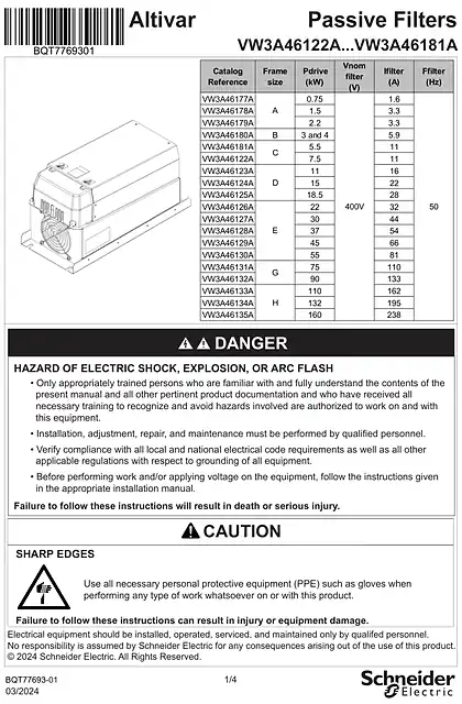 schneider施耐德instruction Sheet_ Passive Filters VW3A46122A...VW3A46181A